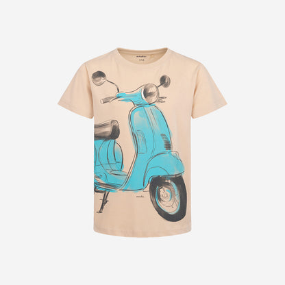 T-shirt z krótkim rękawem dla chłopca, ze skuterem, beżowy 9-13 lat
