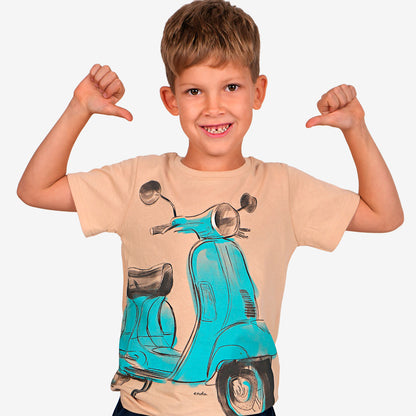 T-shirt z krótkim rękawem dla chłopca, ze skuterem, beżowy 9-13 lat