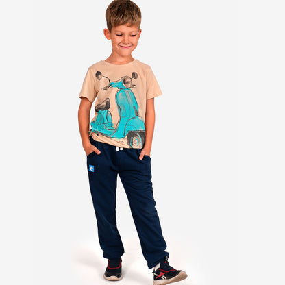 T-shirt z krótkim rękawem dla chłopca, ze skuterem, beżowy 9-13 lat