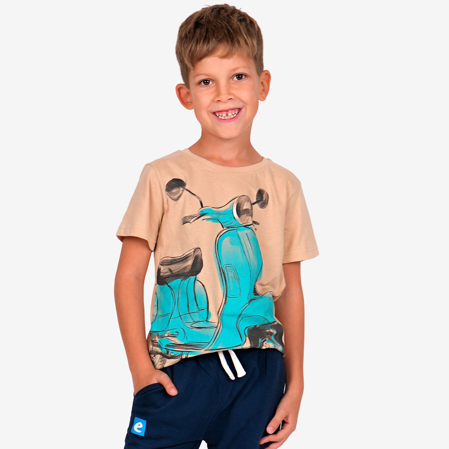 T-shirt z krótkim rękawem dla chłopca, ze skuterem, beżowy 9-13 lat