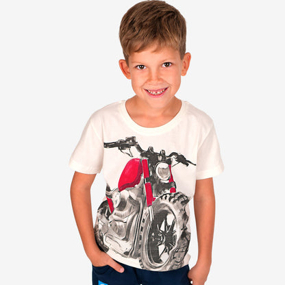 T-shirt z krótkim rękawem dla chłopca, z motocyklem, biały 9-13 lat
