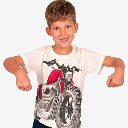 T-shirt z krótkim rękawem dla chłopca, z motocyklem, biały 9-13 lat