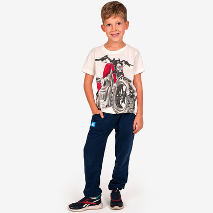 T-shirt z krótkim rękawem dla chłopca, z motocyklem, biały 9-13 lat