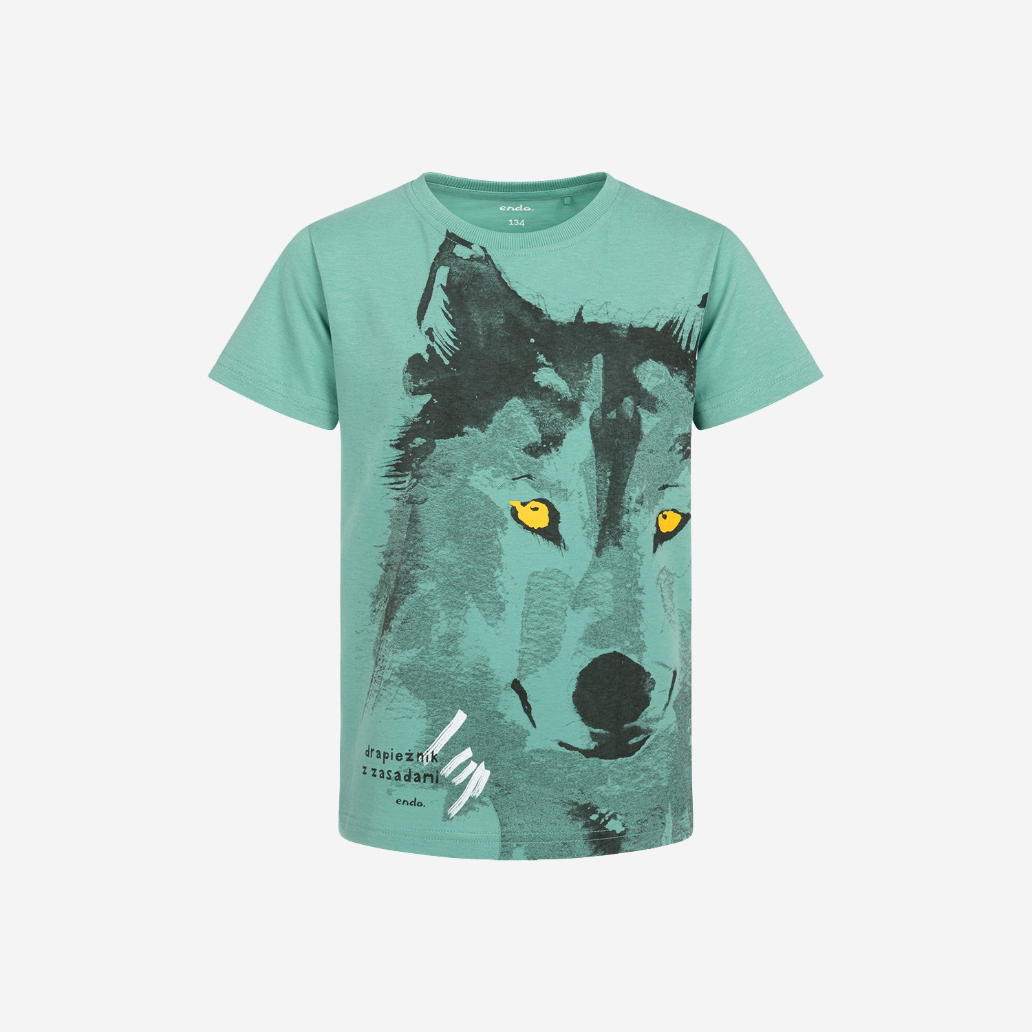 T-shirt z krótkim rękawem dla chłopca, z wilkiem, zielony 9-13 lat