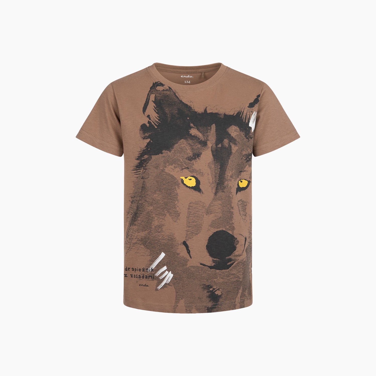 T-shirt z krótkim rękawem dla chłopca, z wilkiem, brązowy 9-13 lat