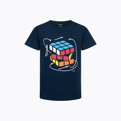 T-shirt z krótkim rękawem dla chłopca 9-13 lat, granatowy z kostką rubika