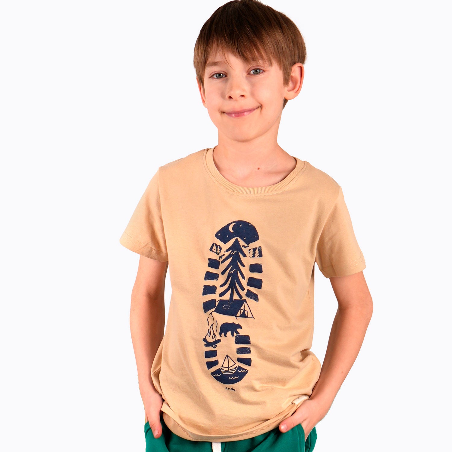 T-shirt z krótkim rękawem dla chłopca, z traperem, beżowy 9-13 lat