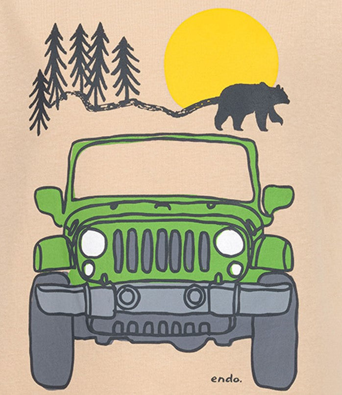 T-shirt z krótkim rękawem dla chłopca, z autem terenowym, beżowy 9-13 lat