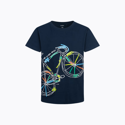 T-shirt z krótkim rękawem dla chłopca, z rowerem, granatowy 9-13 lat