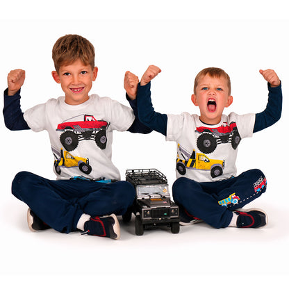 Spodnie dresowe dla chłopca, z pojazdami, granatowe 2-7lat