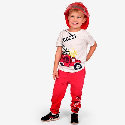 Spodnie dresowe dla chłopca, z wozem strażackim, czerwone 3-8 lat