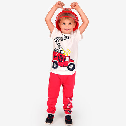 Spodnie dresowe dla chłopca, z wozem strażackim, czerwone 3-8 lat