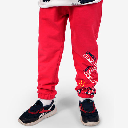 Spodnie dresowe dla chłopca, z wozem strażackim, czerwone 3-8 lat