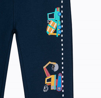 Spodnie dresowe dla chłopca, z pojazdami budowlanymi, granatowe 2-7 lat