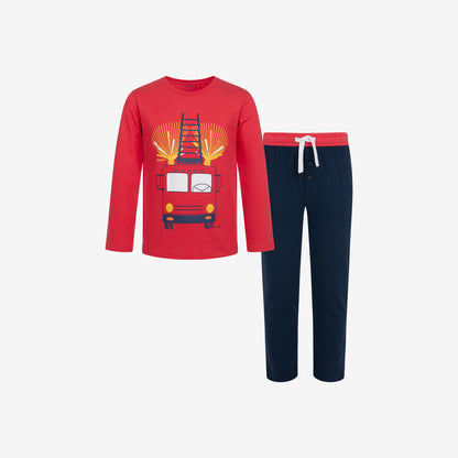 Boy's long-sleeved fire truck pajama, red, 3-8 years old