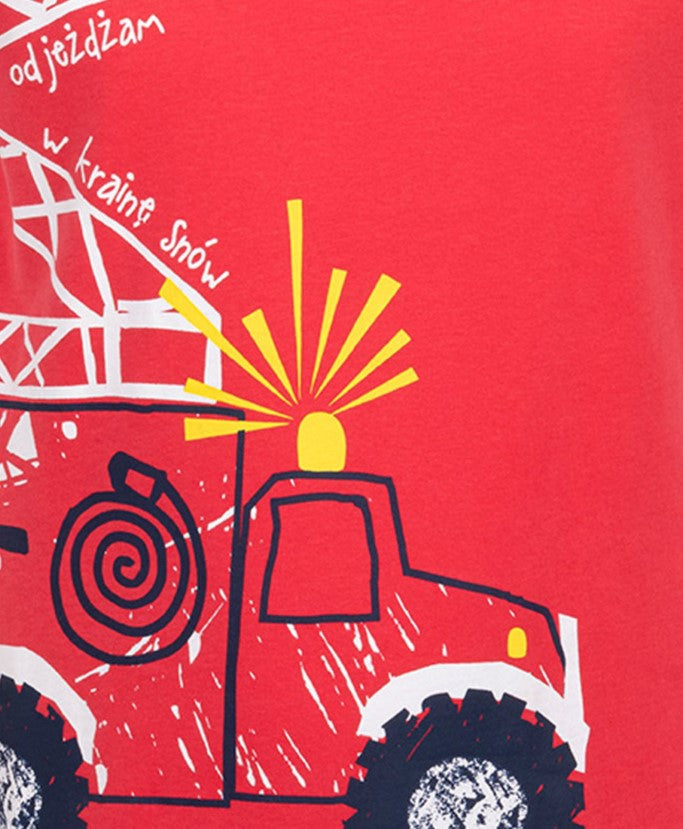 Piżama z krótkim rękawem dla chłopca, z wozem strażackim, czerwona 2-7lat