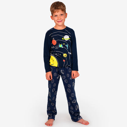 Piżama z długim rękawem dla chłopca, z układem słonecznym, granatowa 9-13 lat