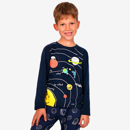 Piżama z długim rękawem dla chłopca, z układem słonecznym, granatowa 9-13 lat