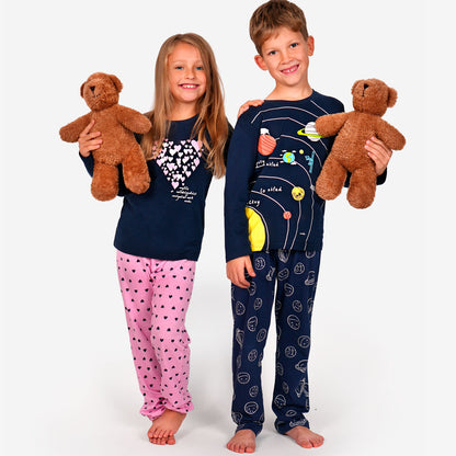 Piżama z długim rękawem dla dziewczynki, z serduszkami, granatowa 9-13 lat