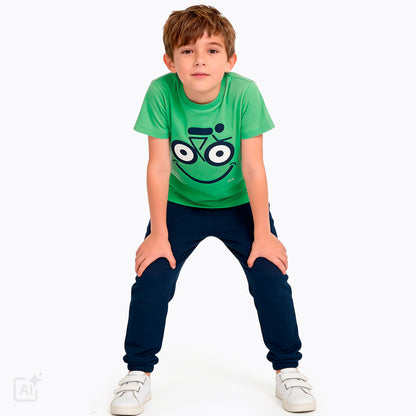 T-shirt z krótkim rękawem dla chłopca 3-8 lat, zielony z motywem rowerowym