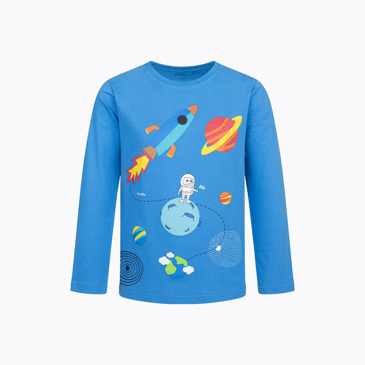 T-shirt z długim rękawem dla chłopca 3-8 lat, niebieski z planetami