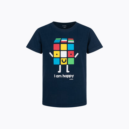 T-shirt z krótkim rękawem dla chłopca 3-8 lat, granatowa z kostką rubika