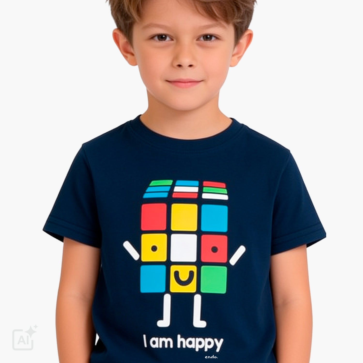 T-shirt z krótkim rękawem dla chłopca 3-8 lat, granatowa z kostką rubika