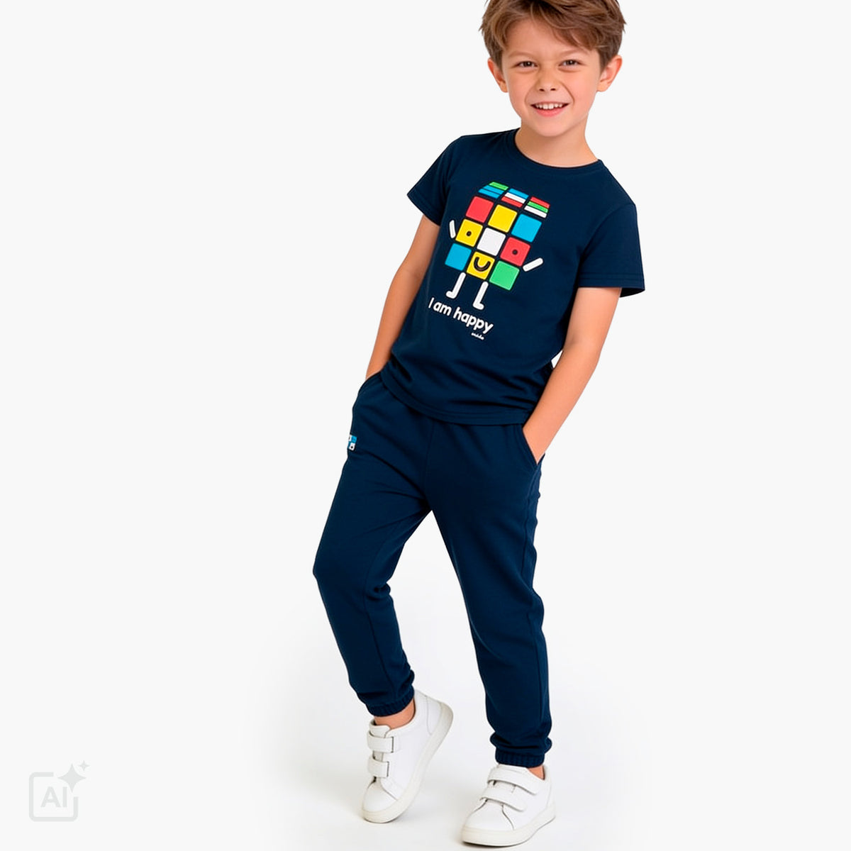 T-shirt z krótkim rękawem dla chłopca 3-8 lat, granatowa z kostką rubika