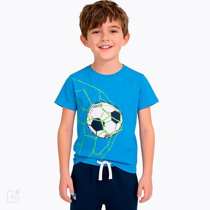 T-shirt z krótkim rękawem dla chłopca 5-8 lat, niebieski z piłką w siatce