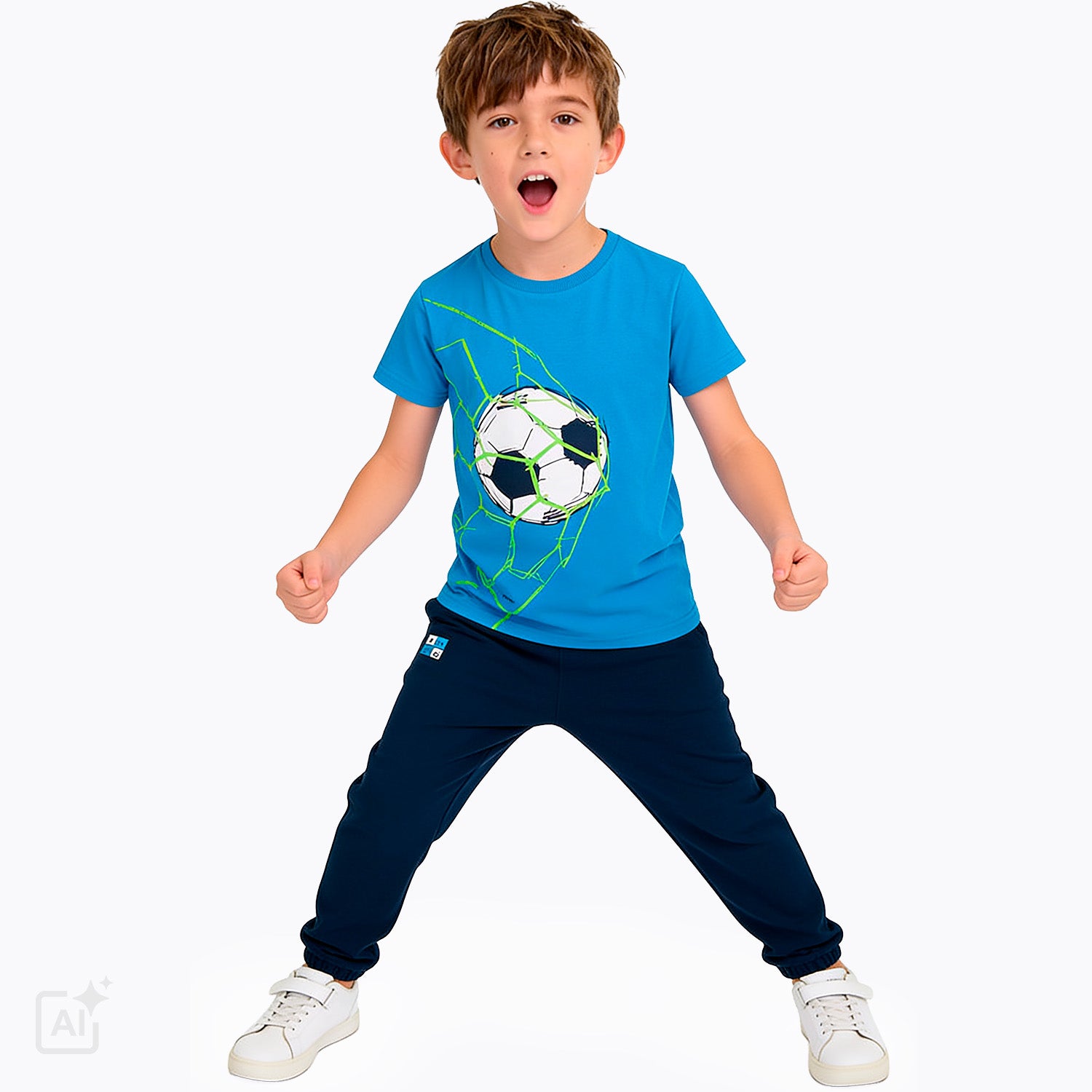 T-shirt z krótkim rękawem dla chłopca 5-8 lat, niebieski z piłką w siatce