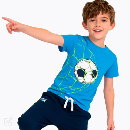 T-shirt z krótkim rękawem dla chłopca 5-8 lat, niebieski z piłką w siatce