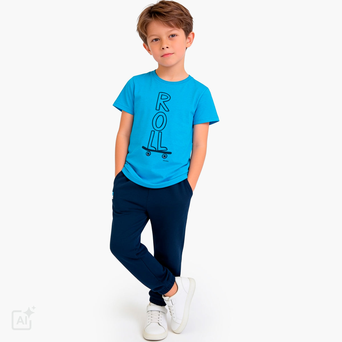 T-shirt z krótkim rękawem dla chłopca 3-8 lat, niebieski z motywem skate