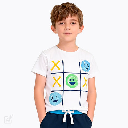 T-shirt z krótkim rękawem dla chłopca 3-8 lat, biały z kropkami