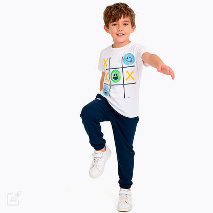 T-shirt z krótkim rękawem dla chłopca 3-8 lat, biały z kropkami