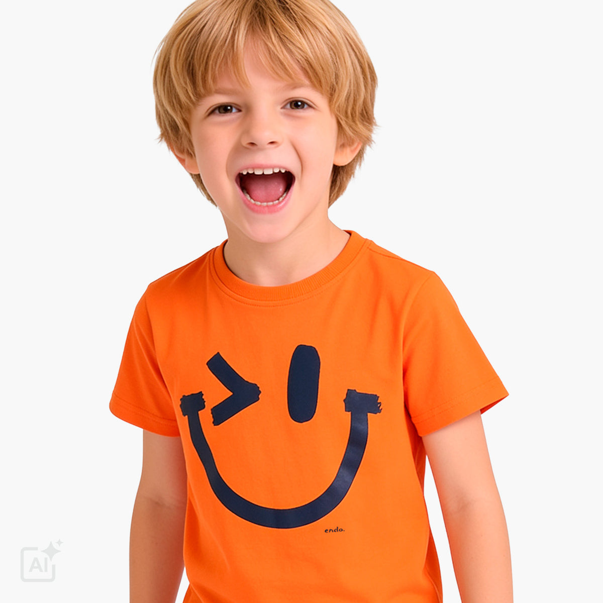 T-shirt z krótkim rękawem dla chłopca 3-8 lat, pomarańczowy z imotikonem