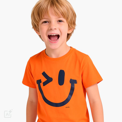 T-shirt z krótkim rękawem dla chłopca 3-8 lat, pomarańczowy z imotikonem