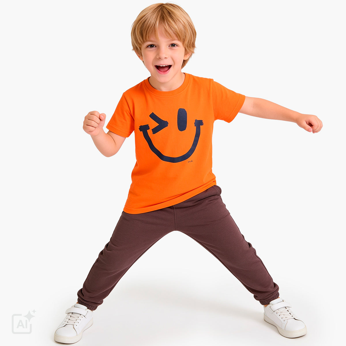 T-shirt z krótkim rękawem dla chłopca 3-8 lat, pomarańczowy z imotikonem