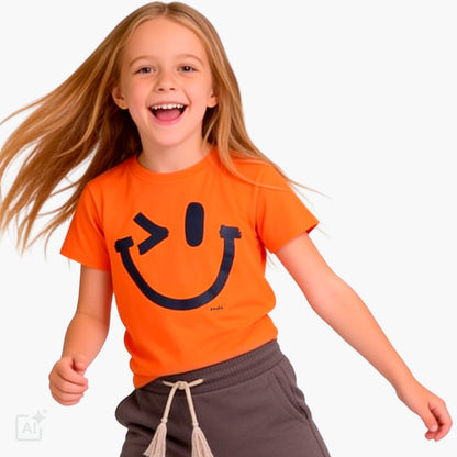 T-shirt z krótkim rękawem dla chłopca 3-8 lat, pomarańczowy z imotikonem