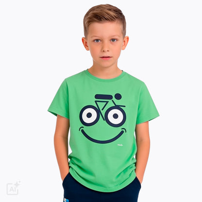 T-shirt z krótkim rękawem dla chłopca 9-13 lat, zielony z motywem rowerowym
