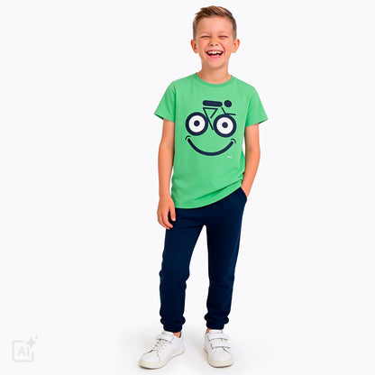 T-shirt z krótkim rękawem dla chłopca 9-13 lat, zielony z motywem rowerowym