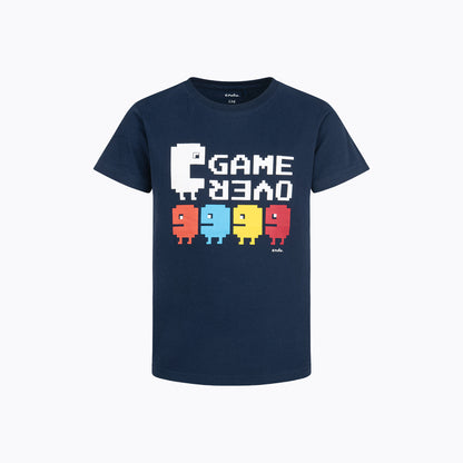 T-shirt z krótkim rękawem dla chłopca 9-13 lat, granatowy "game over"