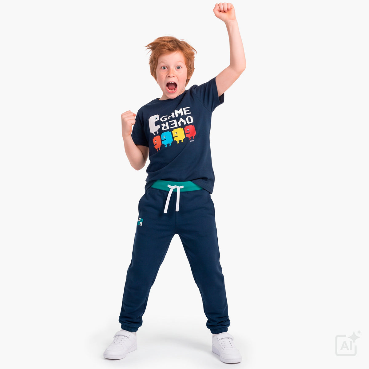 T-shirt z krótkim rękawem dla chłopca 9-13 lat, granatowy "game over"