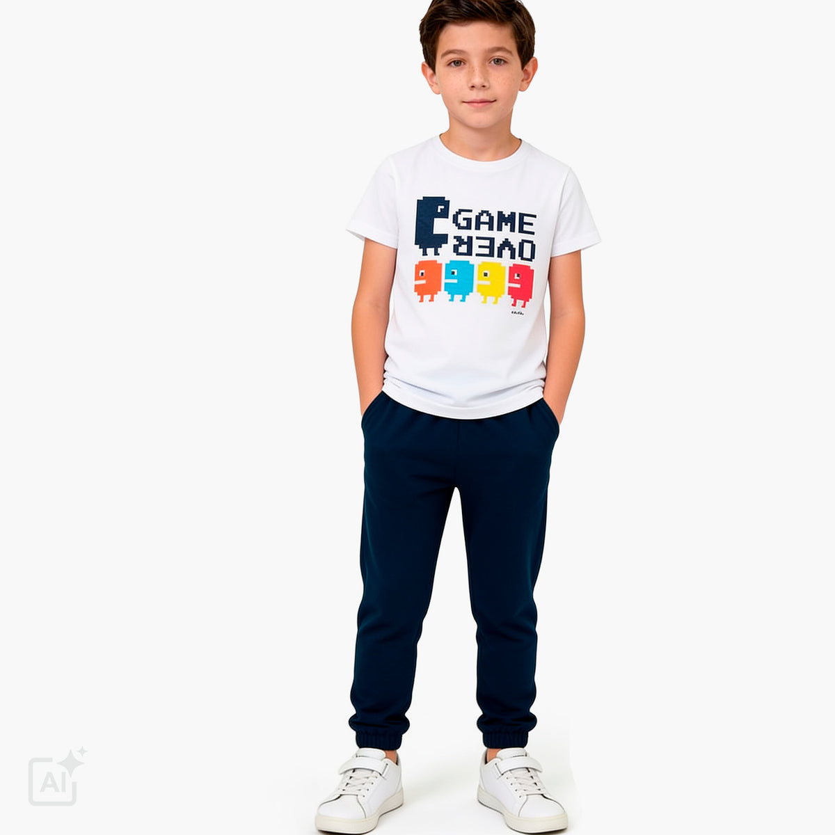 T-shirt z krótkim rękawem dla chłopca 9-13 lat, biały z motywem gier