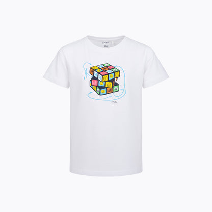 T-shirt z krótkim rękawem dla chłopca 9-13 lat, biały z kostką rubika