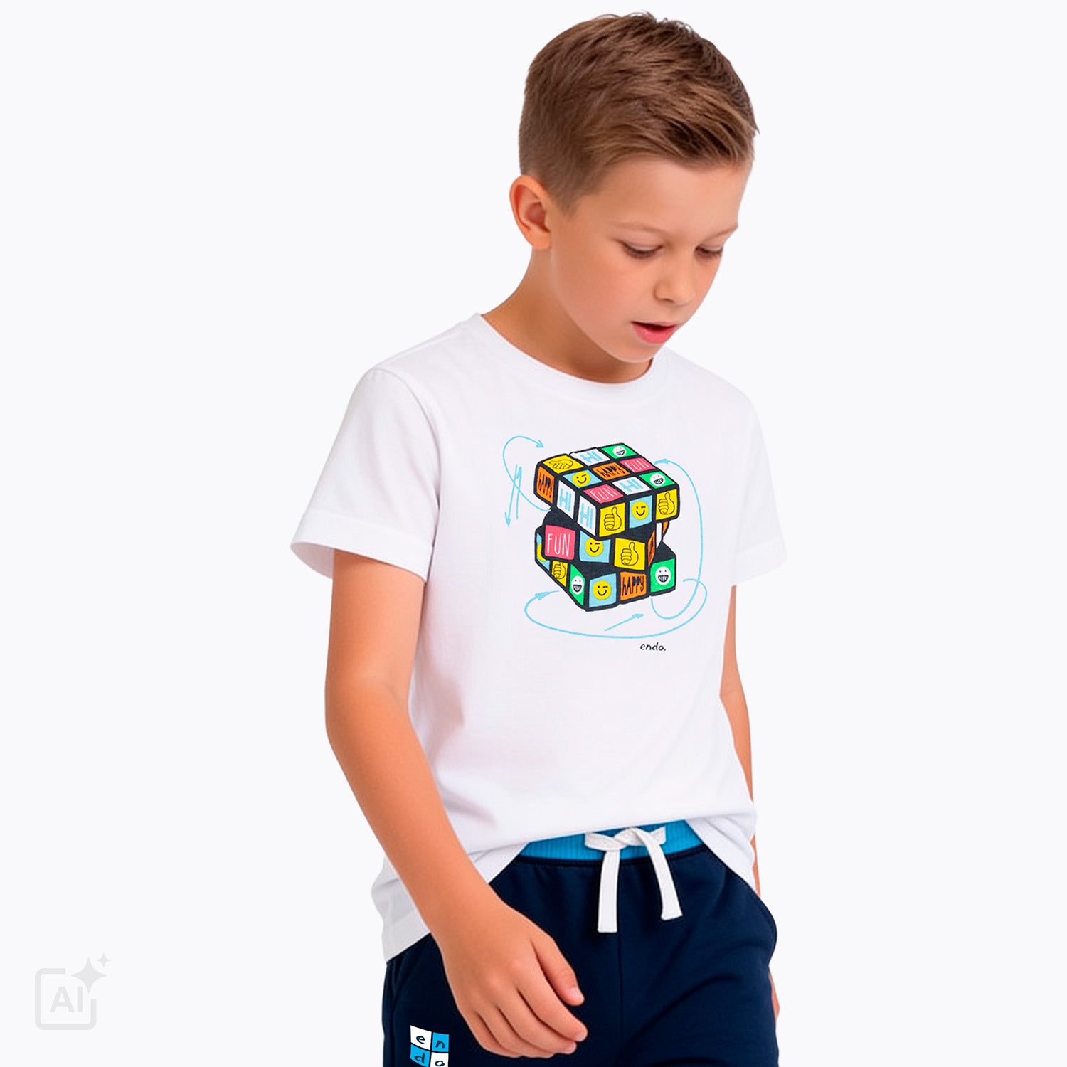 T-shirt z krótkim rękawem dla chłopca 9-13 lat, biały z kostką rubika