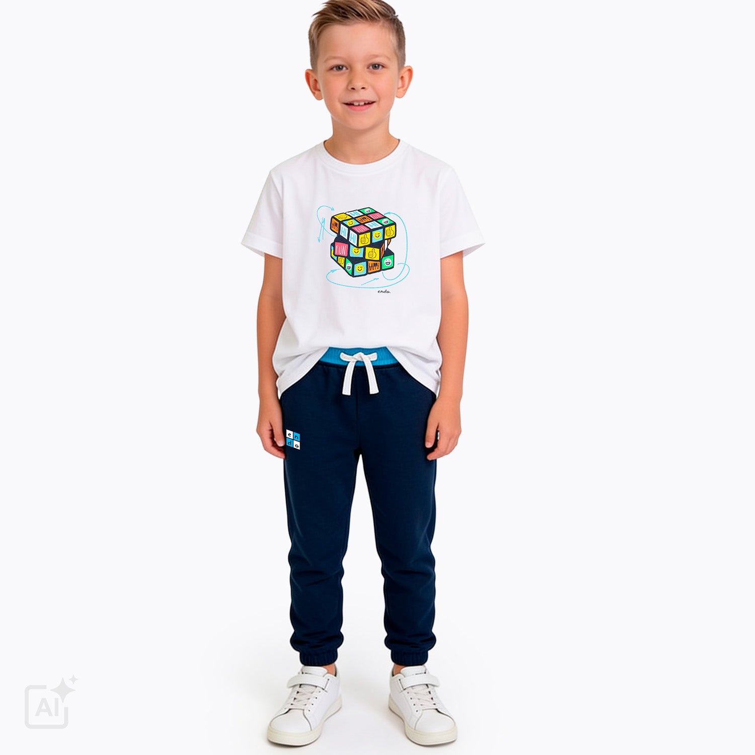 T-shirt z krótkim rękawem dla chłopca 9-13 lat, biały z kostką rubika