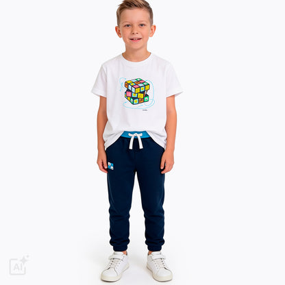 T-shirt z krótkim rękawem dla chłopca 9-13 lat, biały z kostką rubika
