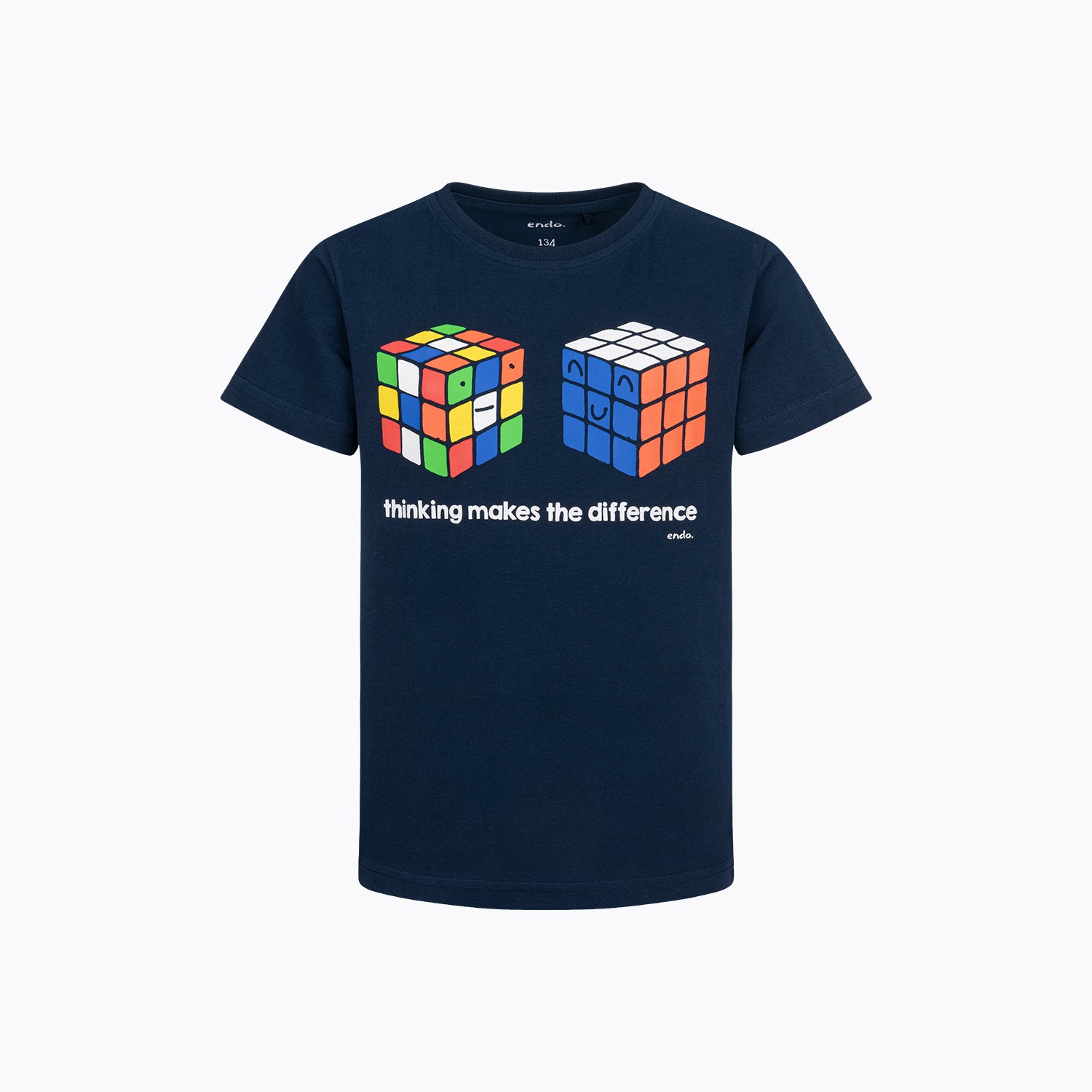T-shirt z krótkim rękawem dla chłopca 9-13 lat, granatowy z kostkami rubika