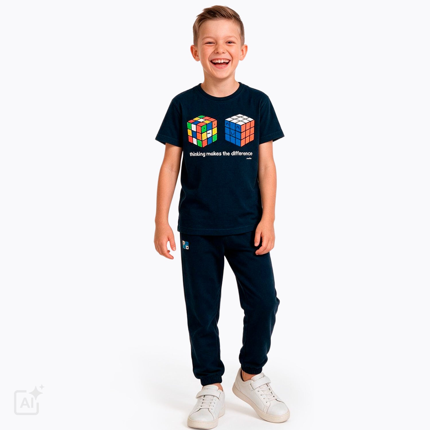 T-shirt z krótkim rękawem dla chłopca 9-13 lat, granatowy z kostkami rubika