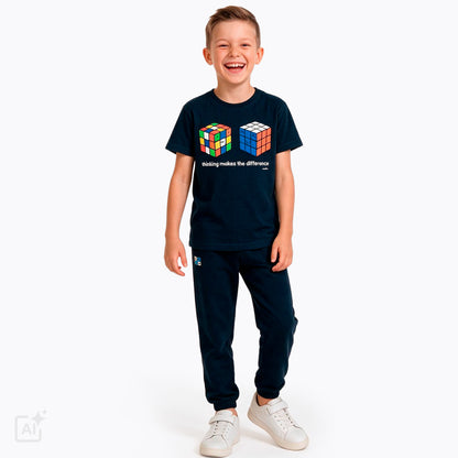 T-shirt z krótkim rękawem dla chłopca 9-13 lat, granatowy z kostkami rubika